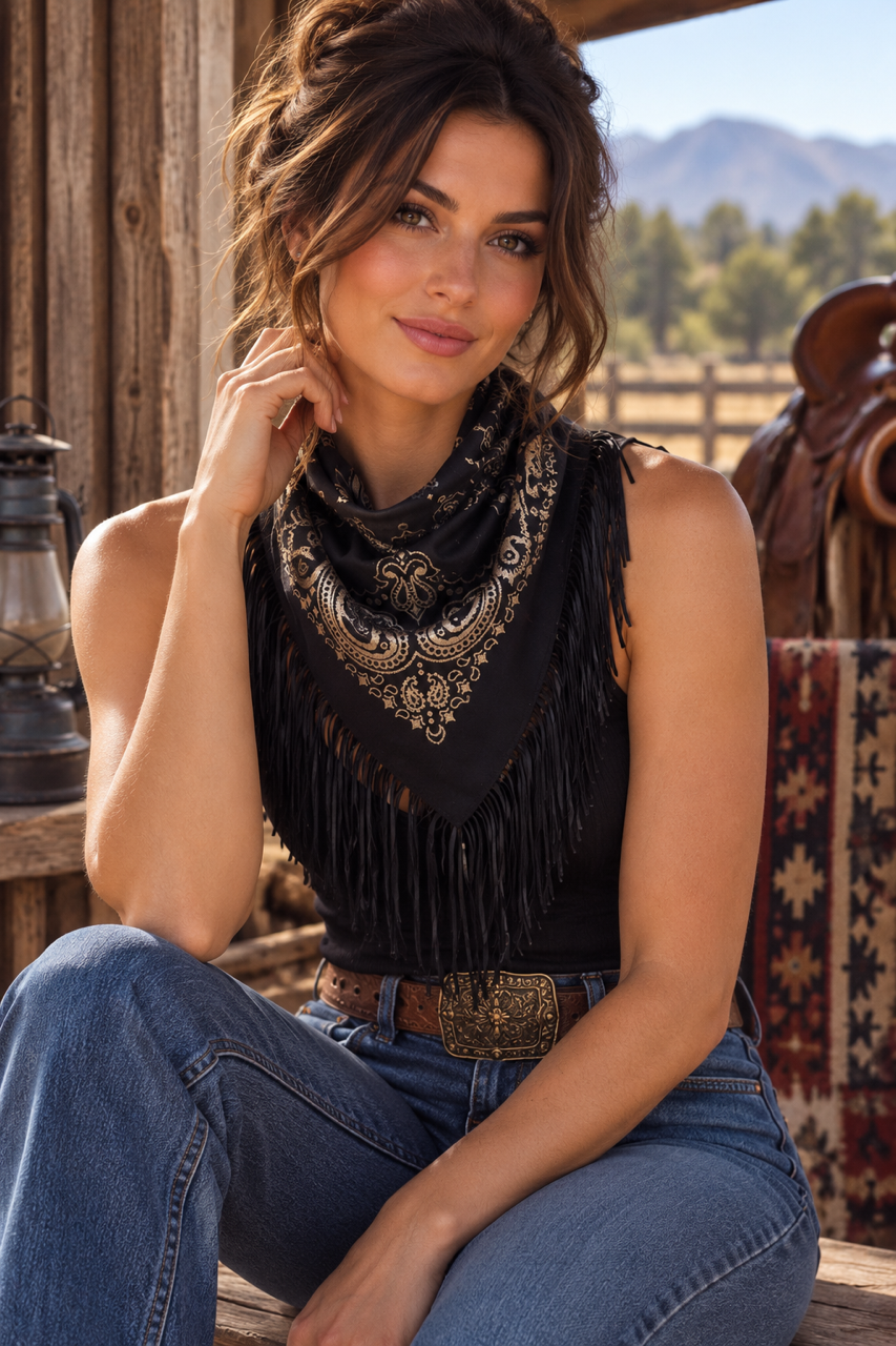 Black Gold Renegade - Black & Gold Western Bandana with Fringe