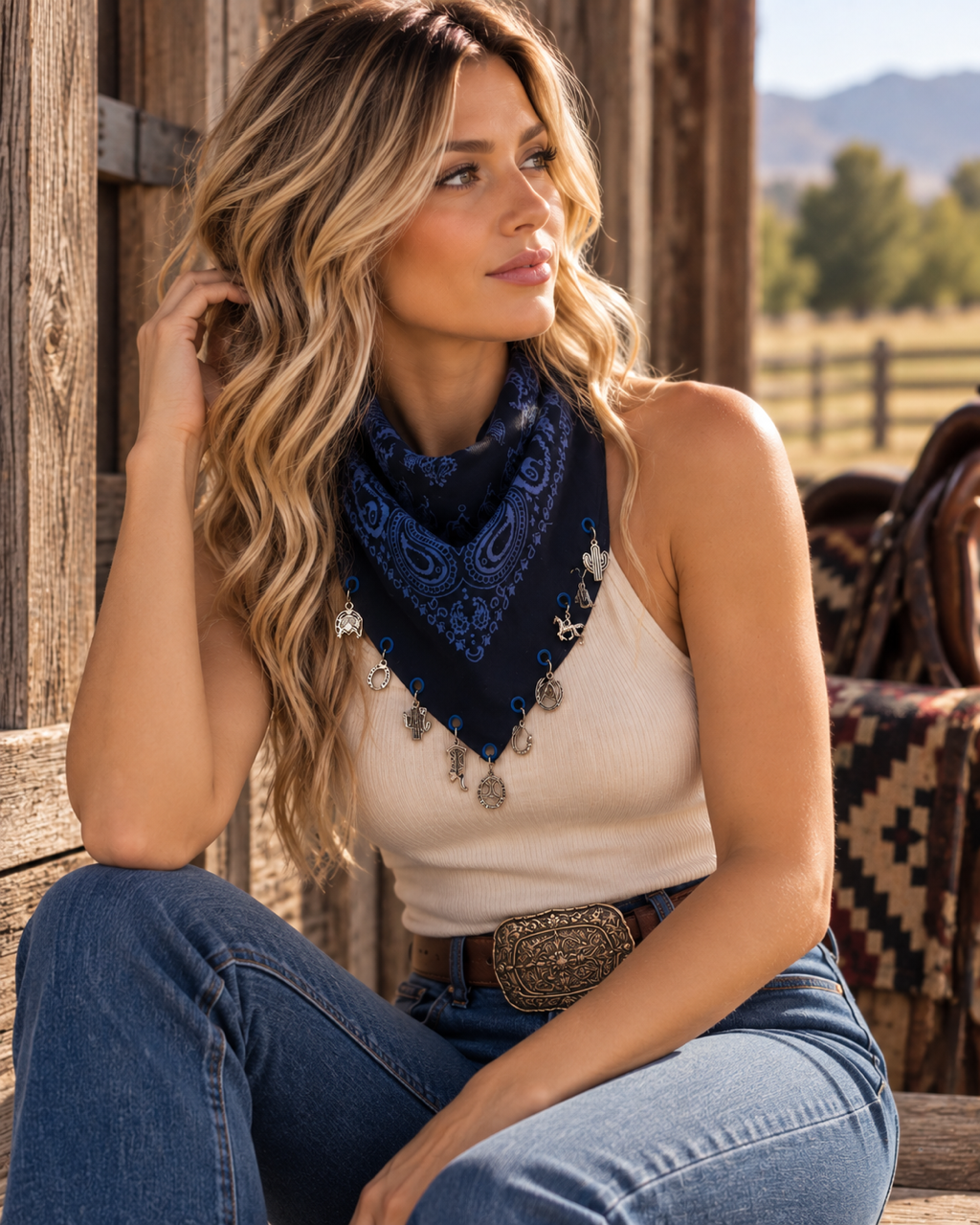 Blue Moon Cowgirl - Navy Blue Western Bandana with Charms
