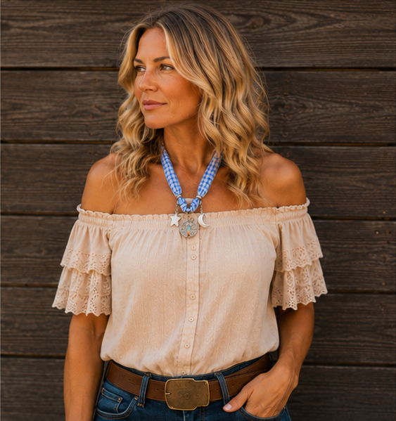 Chasing Blue Skies - Blue Plaid Western Charm Necklace