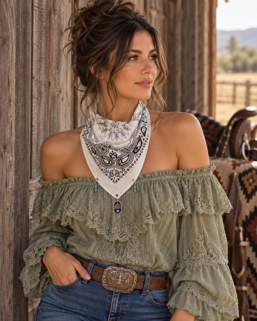 Desert Turquoise - White Western Bandana with Turquoise Charms