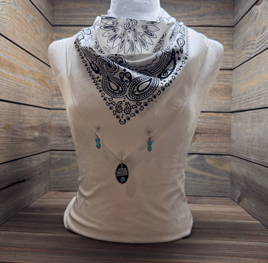 Desert Turquoise - White Western Bandana with Turquoise Charms