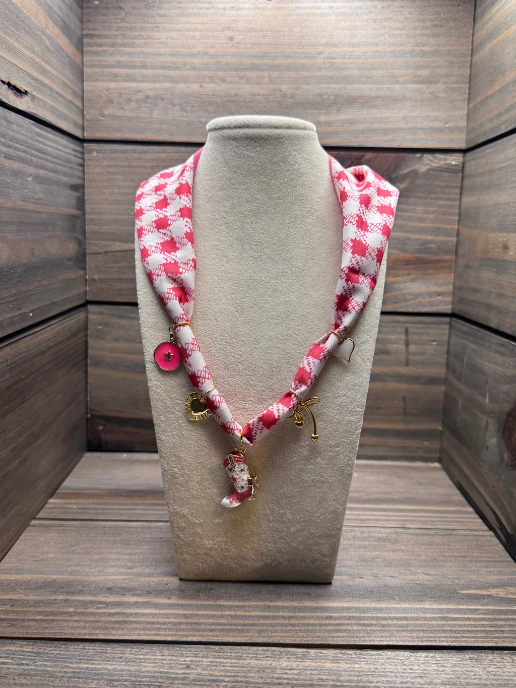 Sweetheart Rodeo - Pink and White Checkered Charm Necklace