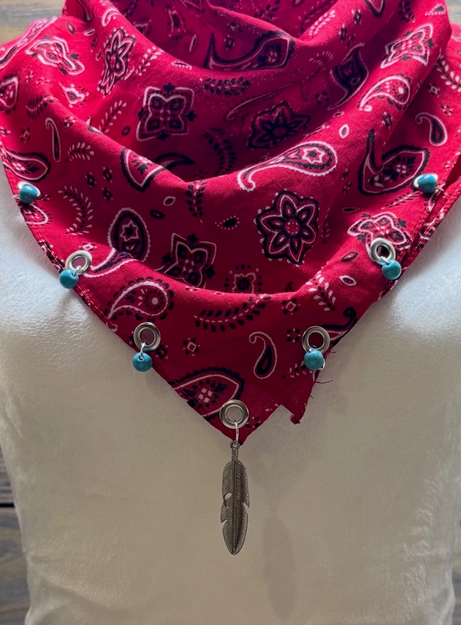 Wild Red Feather - Red Western Bandana with Charms